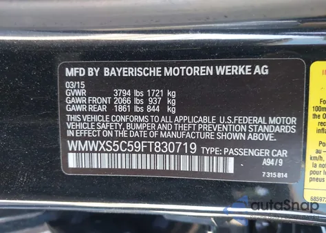 2015 Mini Hardtop Cooper from USA, damaged, VIN WMWXS5C59FT830719